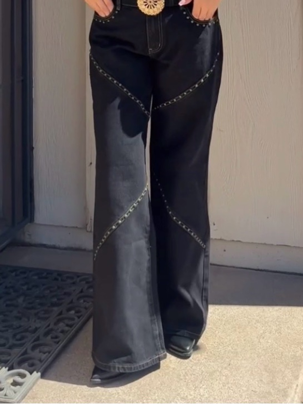 Western Wide Leg Black Jeans with Stud Detail - Women - Picture 11 of 13